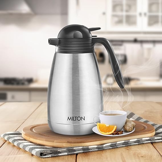 MILTON CARAFE 1500 STAINLESS STEEL DOUBLE WALLED VACUUM INSULATED FLASK WITH LID AND HANDLE 1500 ML SILVER COFFEETEA CARAFE HEAT & COLD RETENTION