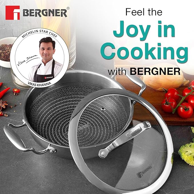 Bergner Hi-Tech TriPly Stainless Steel 26cm (3.9L) Kadai with Glass Lid, Honeycomb Non-Stick Coating, Non-Toxic, Healthy Cooking, Less Oil Use, Durable Handle, Excellent Grip - Induction and Gas Ready