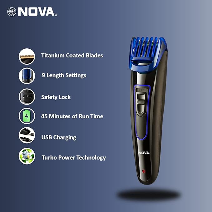 Nova NHT-1071 Titanium Coated Cordless: 45 Minutes USB Trimmer for Men (Black/Blue)