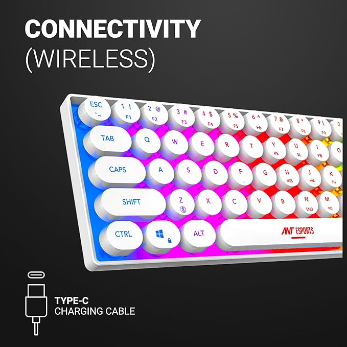 Ant Esports MK1500 Retro Style Mini 60% Pro RGB Wireless Gaming Keyboard with Membrane Switches for PC/Mobile/Tablets/Laptop/TV's- White.