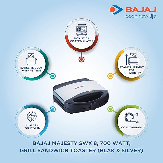 BAJAJ MAJESTY NEW SWX8 TOASTER STAINLESS STEEL