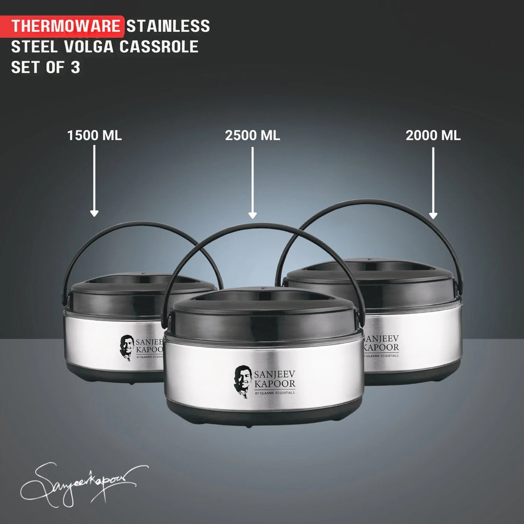 Sanjeev Kapoor by Classic Essentials Stainless Steel Insulated Hot Meal Serving Volga Pack of 3 Thermoware Casserole Set (1500 ml, 2000 ml, 2500 ml)