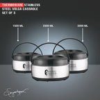 Sanjeev Kapoor by Classic Essentials Stainless Steel Insulated Hot Meal Serving Volga Pack of 3 Thermoware Casserole Set (1500 ml, 2000 ml, 2500 ml)