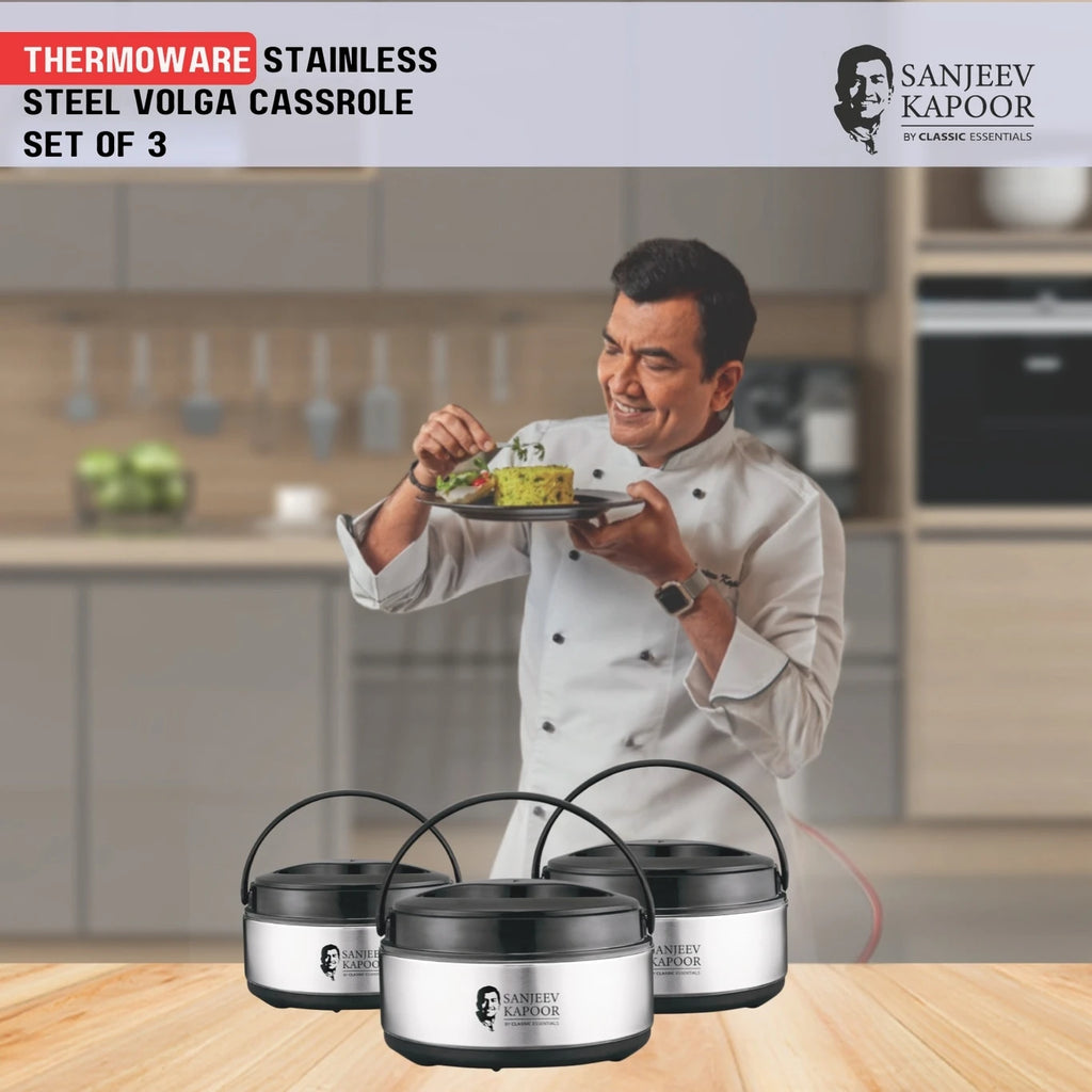 Sanjeev Kapoor by Classic Essentials Stainless Steel Insulated Hot Meal Serving Volga Pack of 3 Thermoware Casserole Set (1500 ml, 2000 ml, 2500 ml)