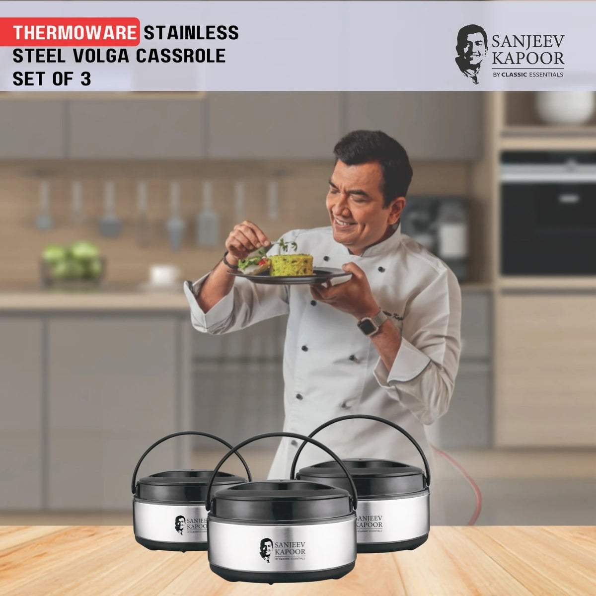 Sanjeev Kapoor by Classic Essentials Stainless Steel Insulated Hot Meal Serving Volga Pack of 3 Thermoware Casserole Set (1500 ml, 2000 ml, 2500 ml)