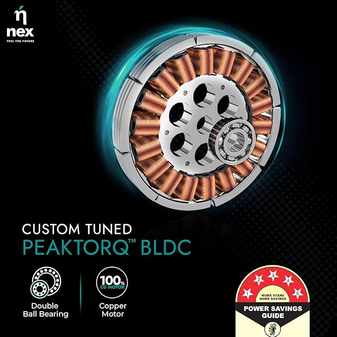 NNEX by BAJAJ Glyde A70 BLDC 1200 MM | BEE 5 Star Rated Premium Ceiling Fan with Remote | 20% Higher Air Thrust* | Airfluence™ Al Blades