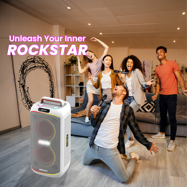 GIZMORE T200 CLUB 200W Thunder DJ Party Speaker with Dual Wireless Mic, RGB Lights, AC Charging, TWS Connectivity, Portable Bluetooth Speaker -White
