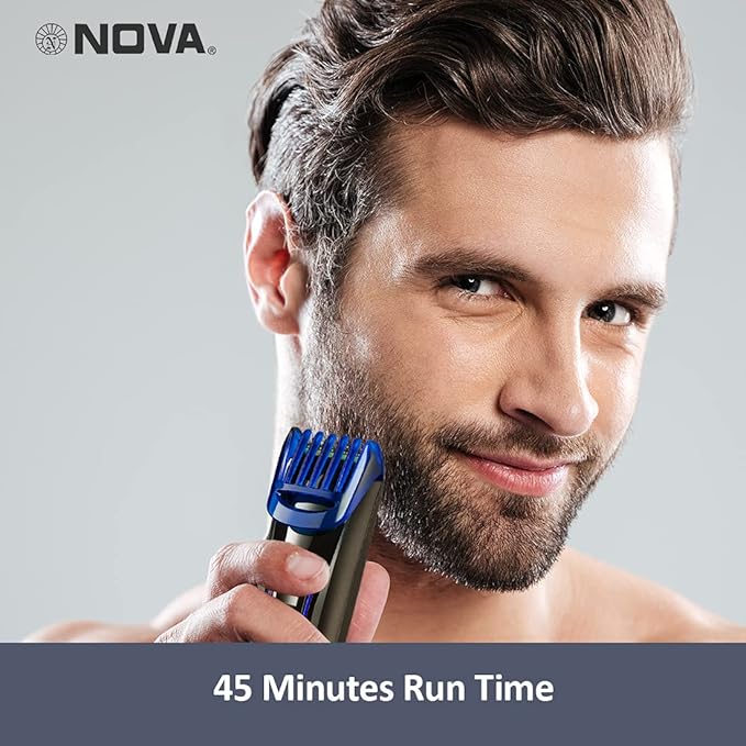 Nova NHT-1071 Titanium Coated Cordless: 45 Minutes USB Trimmer for Men (Black/Blue)