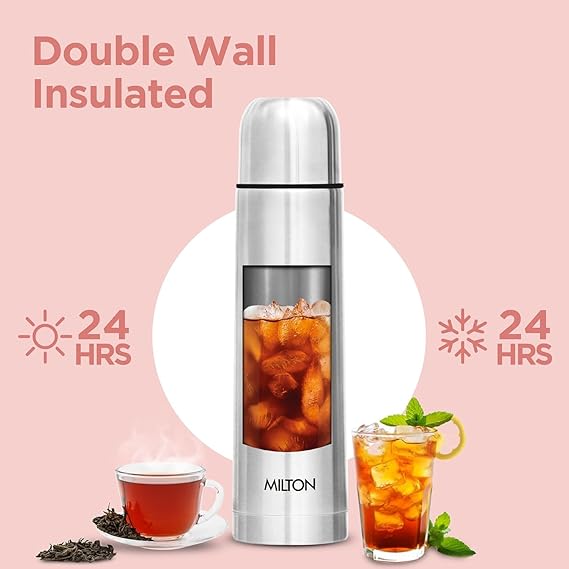 Milton Flip Lid 500 Thermosteel Water Bottle 500 ml, 24 Hr Hot and Cold I Leak Proof Lid with Jacket, ISI Certified I Vacuum Insulated I for Office, Gym, School I Silver