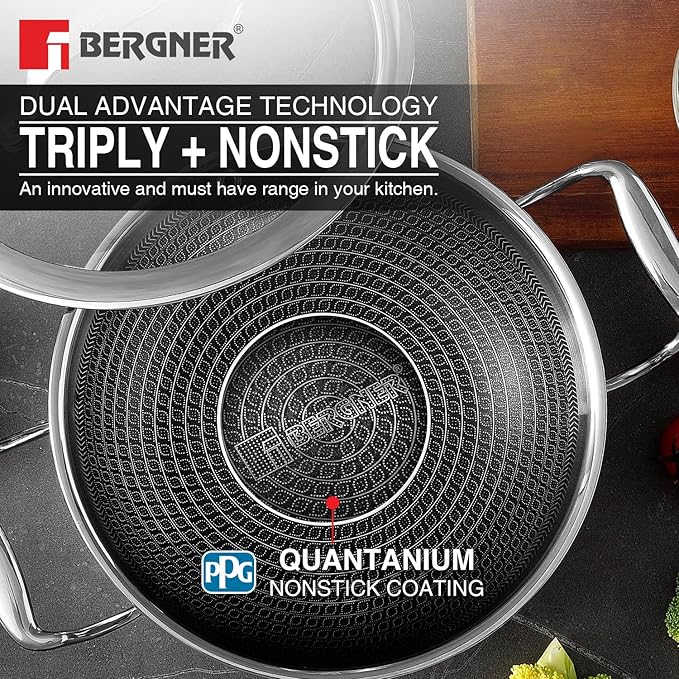 Bergner Hi-Tech TriPly Stainless Steel 26cm (3.9L) Kadai with Glass Lid, Honeycomb Non-Stick Coating, Non-Toxic, Healthy Cooking, Less Oil Use, Durable Handle, Excellent Grip - Induction and Gas Ready
