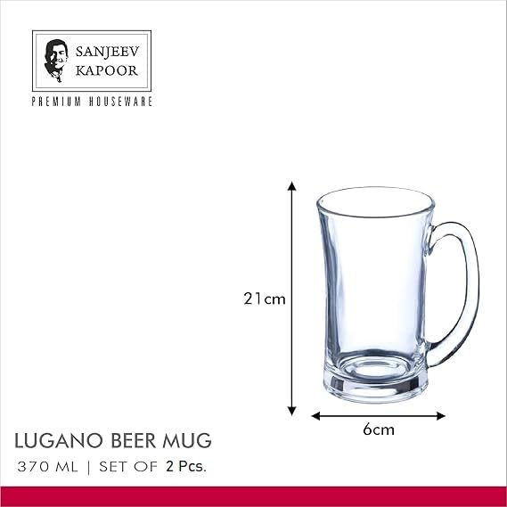 Sanjeev Kapoor Lugano Beer Mug Set (380 ml, 2 Pcs) with Gift Box | Premium Glass Mugs for Beer Lovers | Durable & Dishwasher Safe, Easy to Clean | Perfect for Home, Parties & Special Occasions.