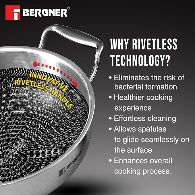 Bergner Hi-Tech TriPly Stainless Steel 26cm (3.9L) Kadai with Glass Lid, Honeycomb Non-Stick Coating, Non-Toxic, Healthy Cooking, Less Oil Use, Durable Handle, Excellent Grip - Induction and Gas Ready