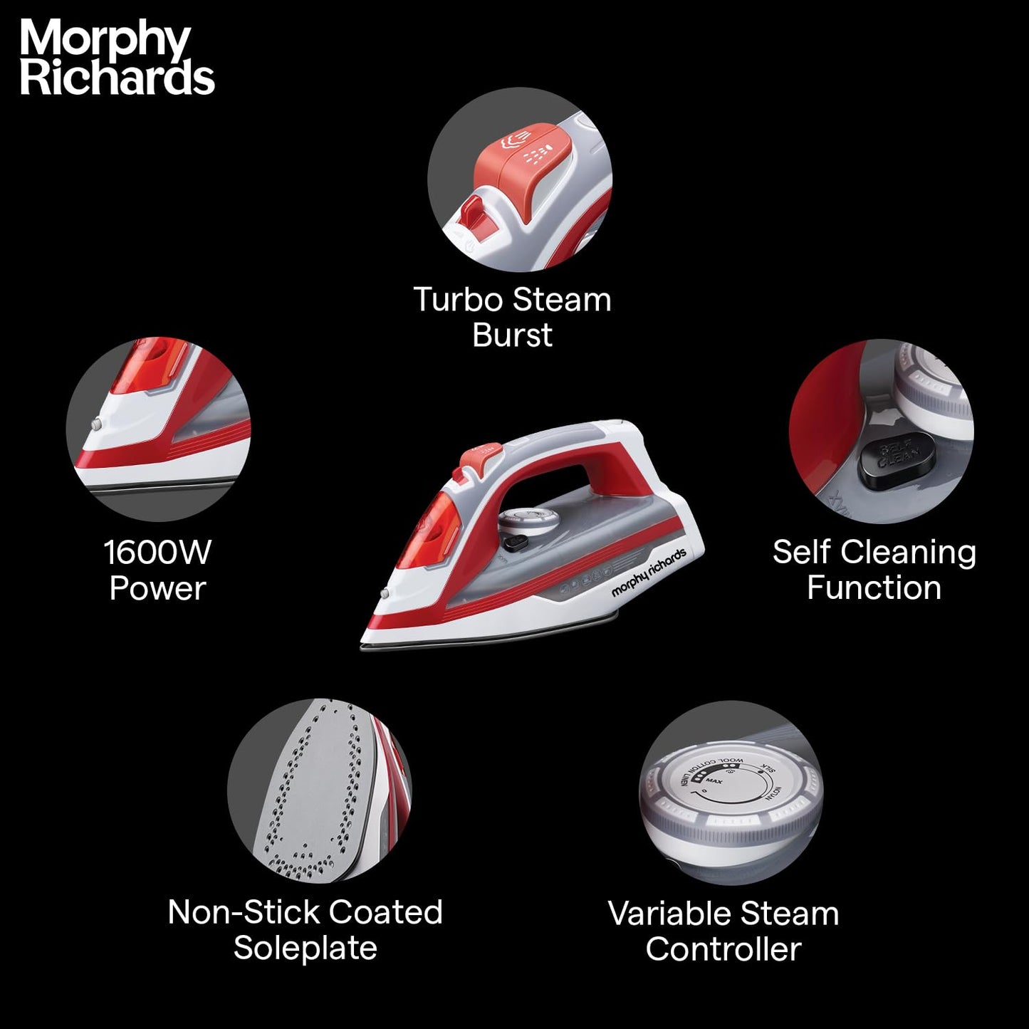 MORPHY RICHARDS ULTRA GLIDE  1600W RED GREY STEAM IRON