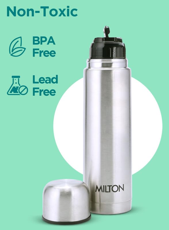 Milton Flip Lid 500 Thermosteel Water Bottle 500 ml, 24 Hr Hot and Cold I Leak Proof Lid with Jacket, ISI Certified I Vacuum Insulated I for Office, Gym, School I Silver