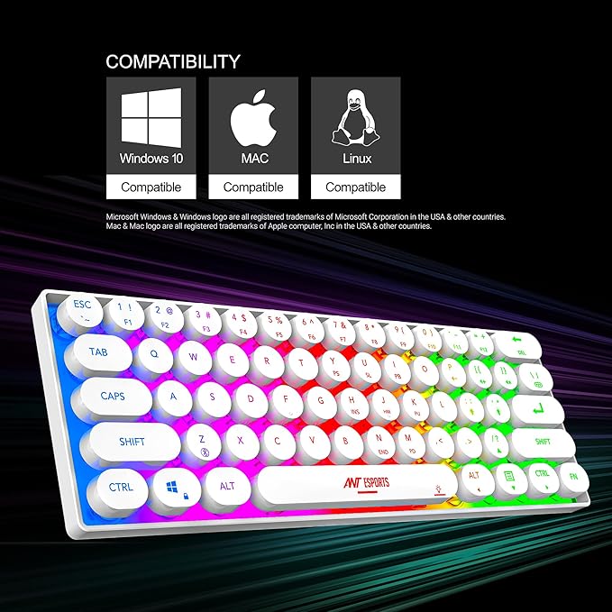 Ant Esports MK1500 Retro Style Mini 60% Pro RGB Wireless Gaming Keyboard with Membrane Switches for PC/Mobile/Tablets/Laptop/TV's- White.