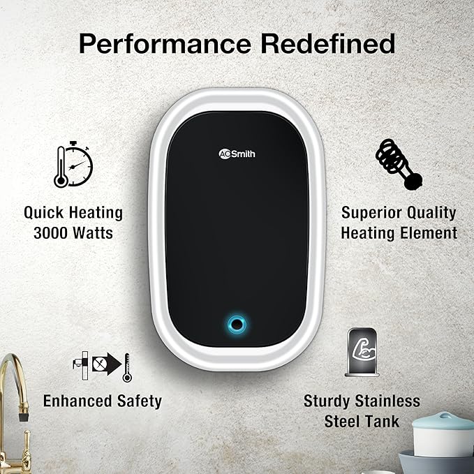 AO Smith EWS-5 White Instant Geyser 5 Litre With 3kW Express Heating | High Rise Building Bathroom & Kitchen geyser | UL Rated Wiring & Pressure Relief Valve For Ultimate Safety