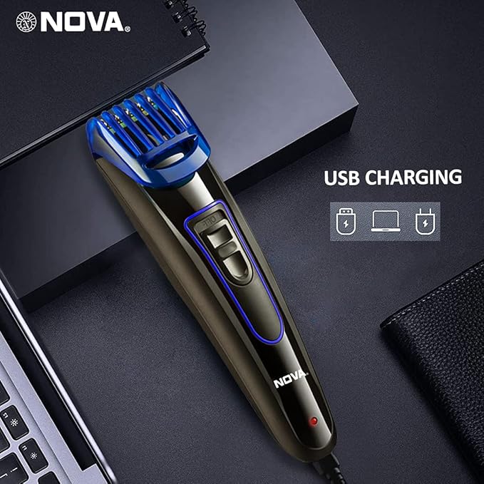 Nova NHT-1071 Titanium Coated Cordless: 45 Minutes USB Trimmer for Men (Black/Blue)