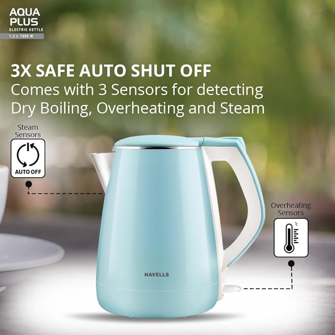 Havells Aqua Plus Electric Kettle 1.2 Litre, 1250 Watt | 304 Stainless Steel Inner Body | Cool Touch Body | Auto Shut-Off |Wider Mouth (Blue)