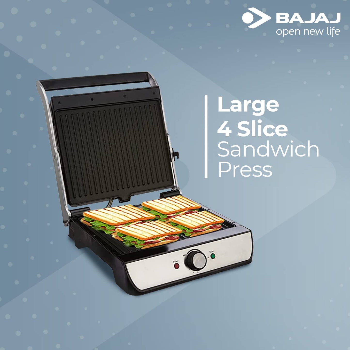 Bajaj Majesty Grill Ultra 2000W 4-Slice Grill Sandwich Maker | 180° Open Grill | Adjustable Hinge & Temperature Control | Non-Stick Coated Plate | Drip Oil Collector | Black
