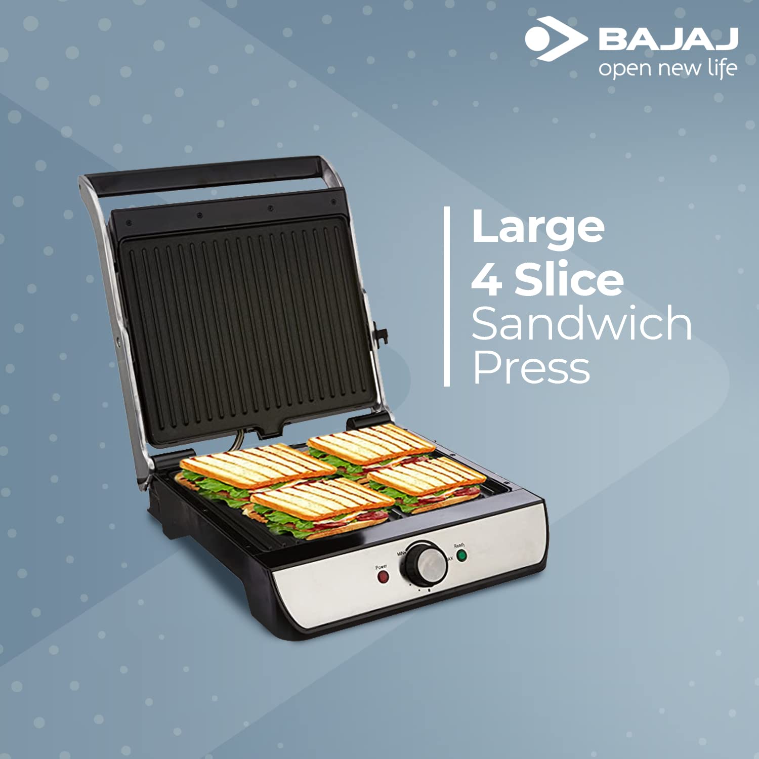 Bajaj Majesty Grill Ultra 2000W 4-Slice Grill Sandwich Maker | 180° Open Grill | Adjustable Hinge & Temperature Control | Non-Stick Coated Plate | Drip Oil Collector | Black