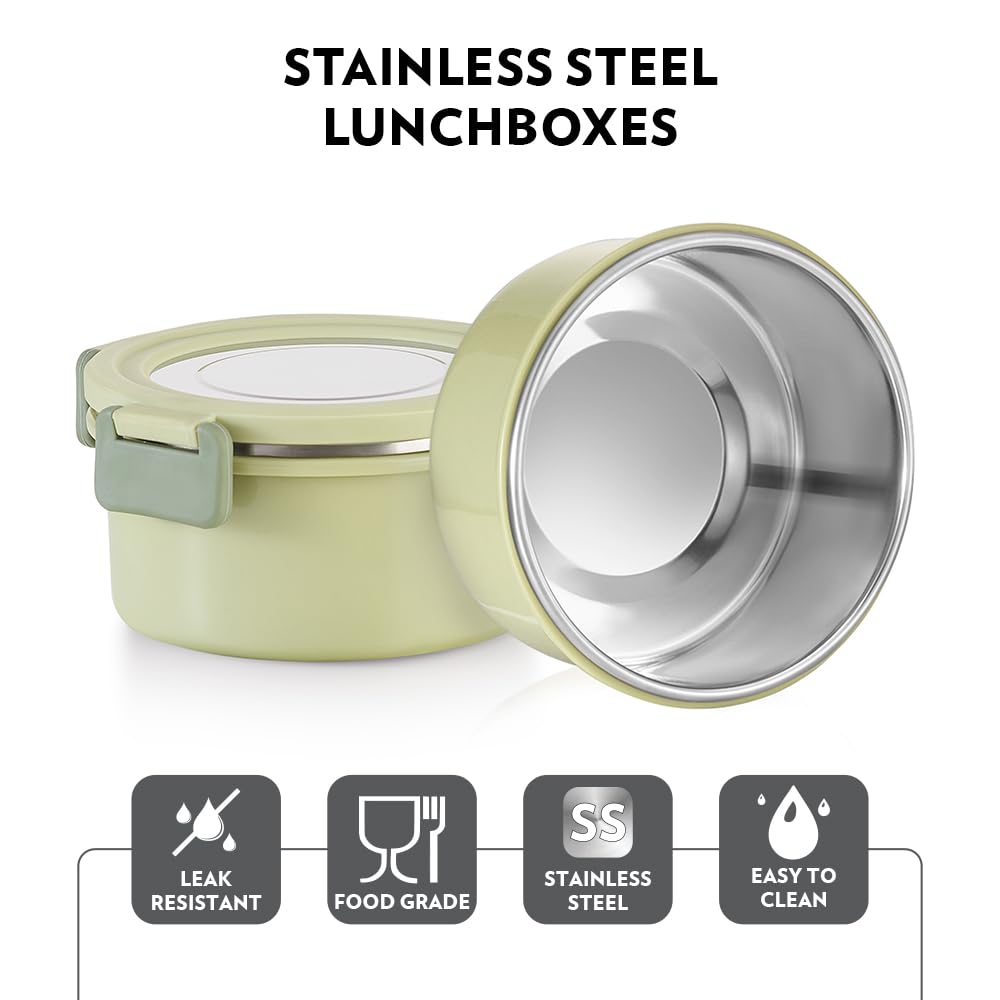 Borosil 4pc (280ml + 460ml) Glory Green Stainless Steel Lunch Box with Bag