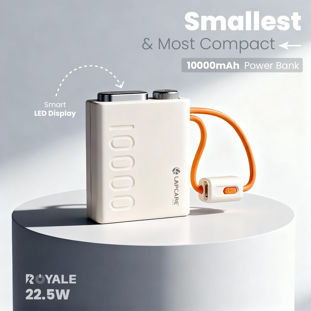 Lapcare Royale 10000mAh Pocket Power Bank | Dual in-Built Cables (Type-C & Lightning) | Dual Type-C Port & 22.5W Fast Charging | Smart LED Display | Compact Size | Made in India