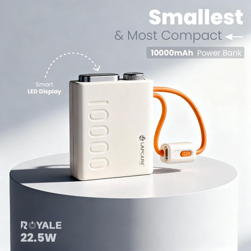 Lapcare Royale 10000mAh Pocket Power Bank | Dual in-Built Cables (Type-C & Lightning) | Dual Type-C Port & 22.5W Fast Charging | Smart LED Display | Compact Size | Made in India