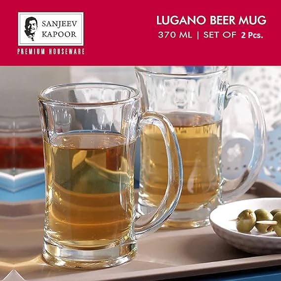 Sanjeev Kapoor Lugano Beer Mug Set (380 ml, 2 Pcs) with Gift Box | Premium Glass Mugs for Beer Lovers | Durable & Dishwasher Safe, Easy to Clean | Perfect for Home, Parties & Special Occasions.
