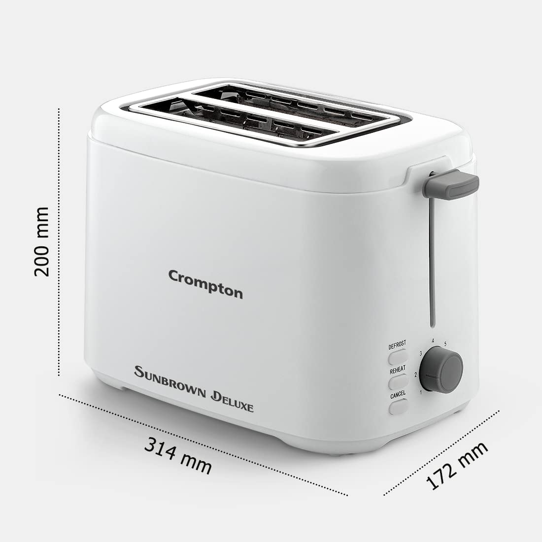 Crompton SunBrown Deluxe Pop-up Toaster 800W with Removable Crumb Tray | 7 Browning Levels with Reheat, Defrost & Cancel Function | Dust Cover Plate | White Cool Touch Body