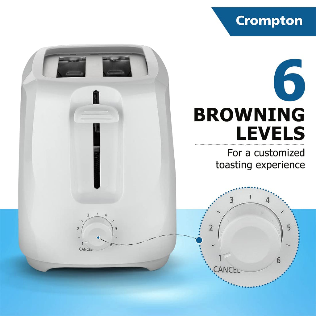 Crompton SunBrown Classic Pop-up Toaster 700W with Removable Crumb Tray | 6 Browning Levels with Cancel Function | Dust Cover Plate | White Cool Touch Body