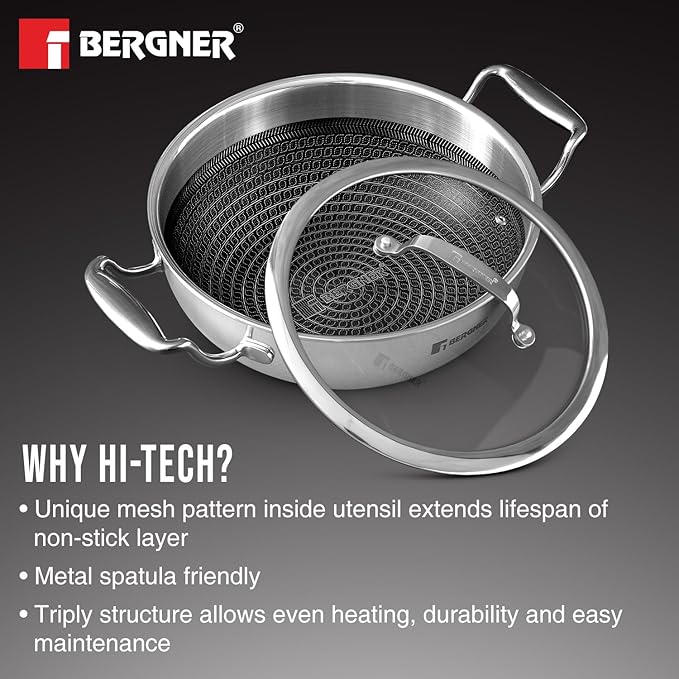 Bergner Hi-Tech TriPly Stainless Steel 26cm (3.9L) Kadai with Glass Lid, Honeycomb Non-Stick Coating, Non-Toxic, Healthy Cooking, Less Oil Use, Durable Handle, Excellent Grip - Induction and Gas Ready