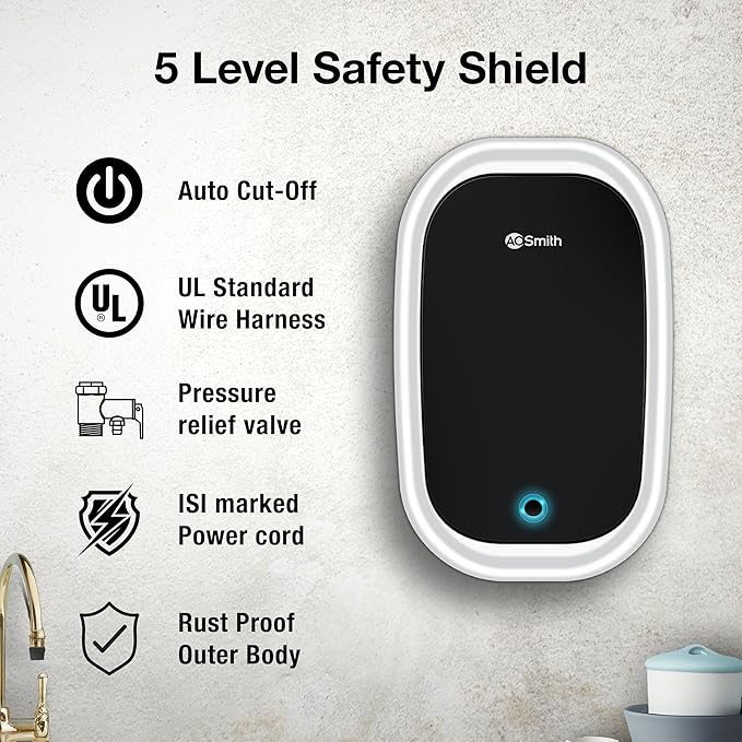 AO Smith EWS-5 White Instant Geyser 5 Litre With 3kW Express Heating | High Rise Building Bathroom & Kitchen geyser | UL Rated Wiring & Pressure Relief Valve For Ultimate Safety