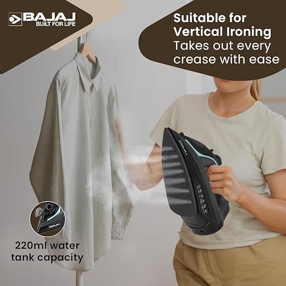 Bajaj MX 45 Steam Aluminium Soleplate Iron | 2000 Watts Power For Faster Ironing | Non Stick German Coated Technology | 220 Ml Water Tank Capacity 【Black & Grey】