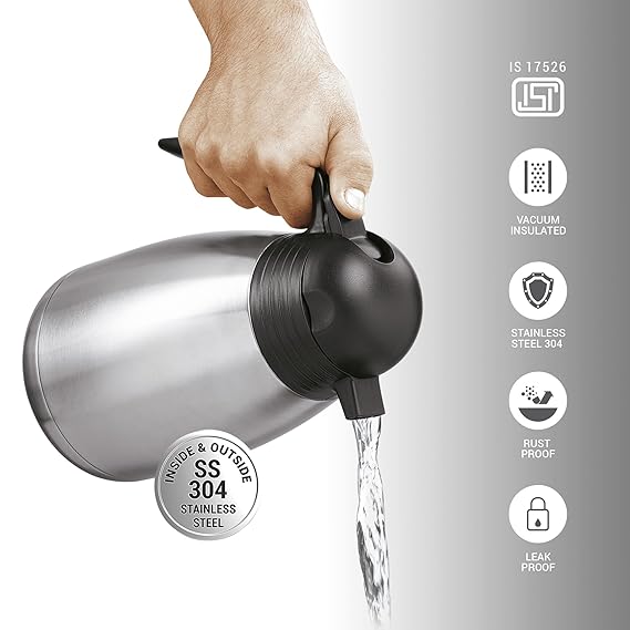 MILTON CARAFE 1500 STAINLESS STEEL DOUBLE WALLED VACUUM INSULATED FLASK WITH LID AND HANDLE 150