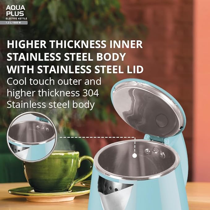 Havells Aqua Plus Electric Kettle 1.2 Litre, 1250 Watt | 304 Stainless Steel Inner Body | Cool Touch Body | Auto Shut-Off |Wider Mouth (Blue)