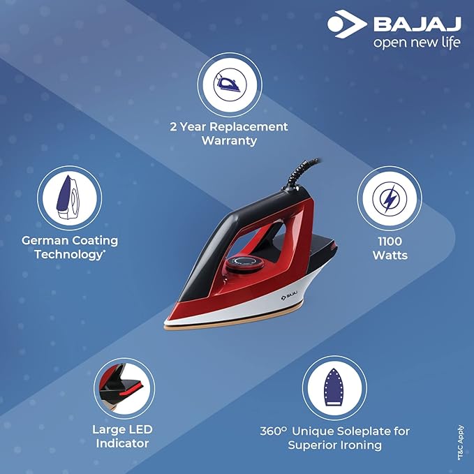 Bajaj Aluminium Splendora 1100 Watts Dry Iron 【Red & Black】