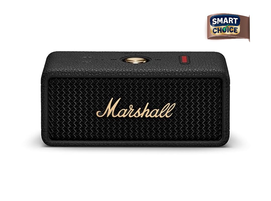 Marshall Smartchoice Emberton III Compact Portable Bluetooth Speaker with 32+ Hours of Playtime, (360° Sound), Dust & Waterproof (IP67) – Black & Brass.