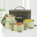 Borosil 4pc (280ml + 460ml) Glory Green Stainless Steel Lunch Box with Bag