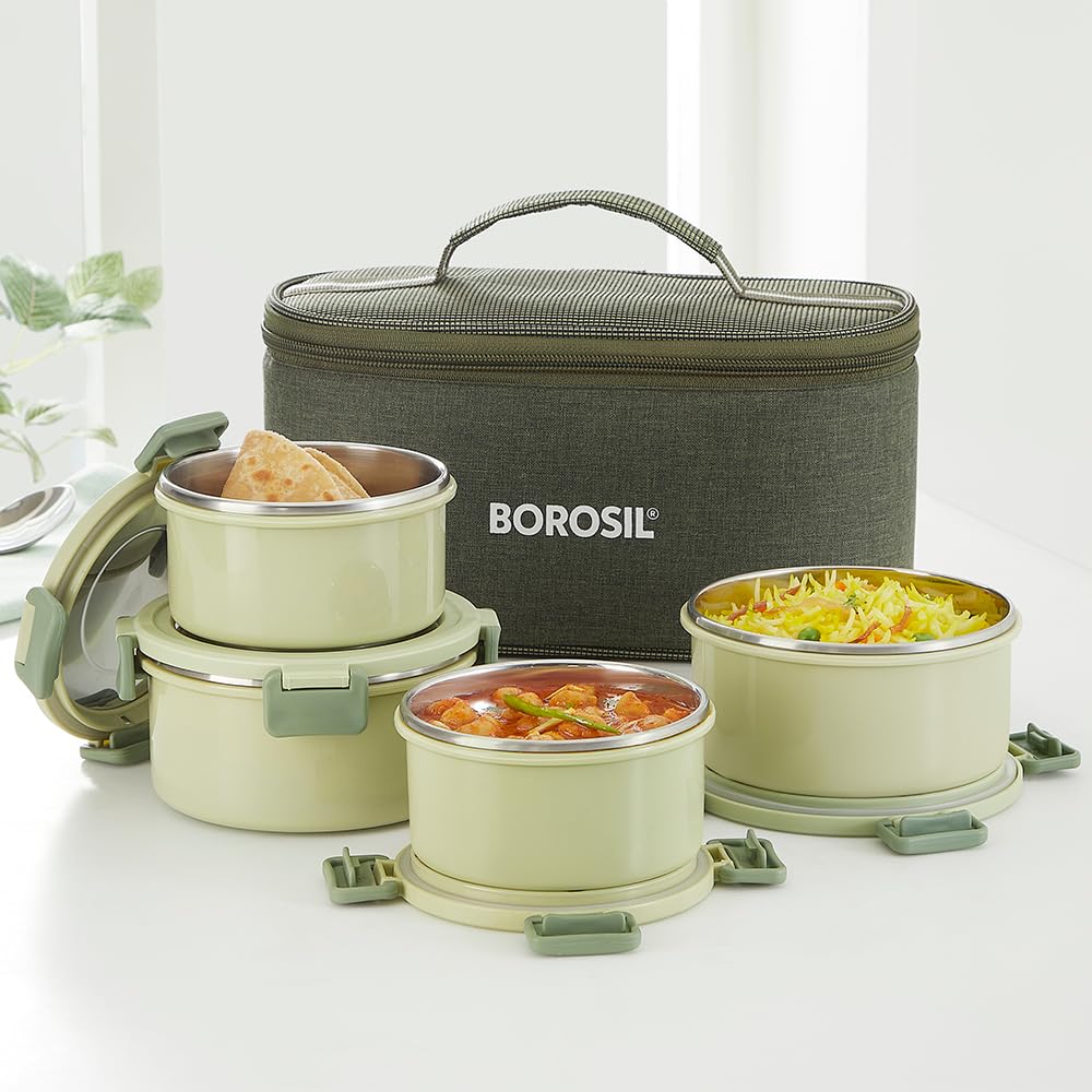 Borosil 4pc (280ml + 460ml) Glory Green Stainless Steel Lunch Box with Bag