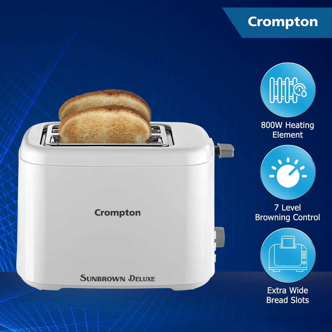 Crompton SunBrown Deluxe Pop-up Toaster 800W with Removable Crumb Tray | 7 Browning Levels with Reheat, Defrost & Cancel Function | Dust Cover Plate | White Cool Touch Body