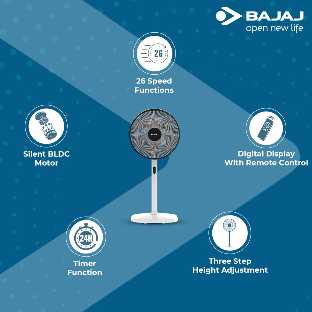 Bajaj Dominus 18 350 mm Pedestal Fan, BLDC Motor with Remote 18 Blades Fan, Grey+ Black,Regular