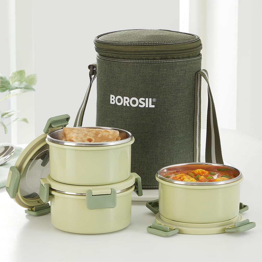 Borosil 280ml x 3 pc Glory Green Stainless Steel Lunch Box with Bag