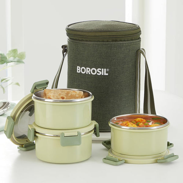 Borosil 280ml x 3 pc Glory Green Stainless Steel Lunch Box with Bag