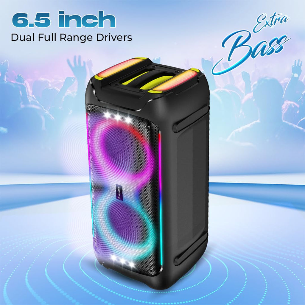 LAPCARE Bloom Wireless Bluetooth Party Speaker, 100W Immersive Pro Sound, Dynamic RGB Light Show, Bass and Treble Control, Type C, Built-in Rechargeable Battery, Splashproof with Wireless Mic (Black)