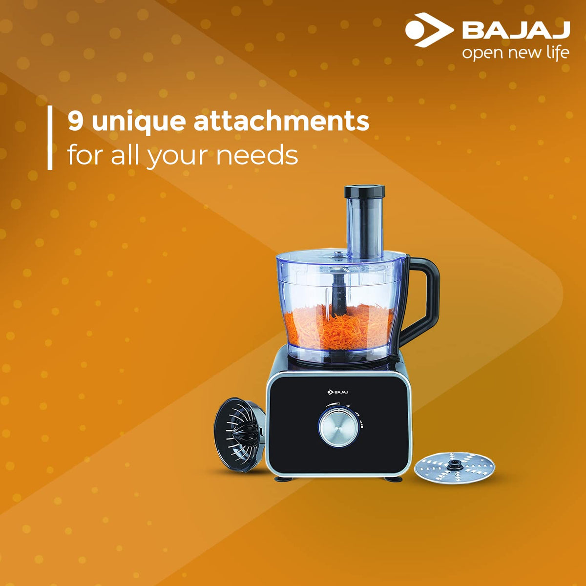 Bajaj FX-1000 Dlx 1000 Watts Food Processor And Mixer Grinder With 9 Attachments | 100% Copper Motor | Processing Bowl With 3 Jars | Safety Interlock |【Black】
