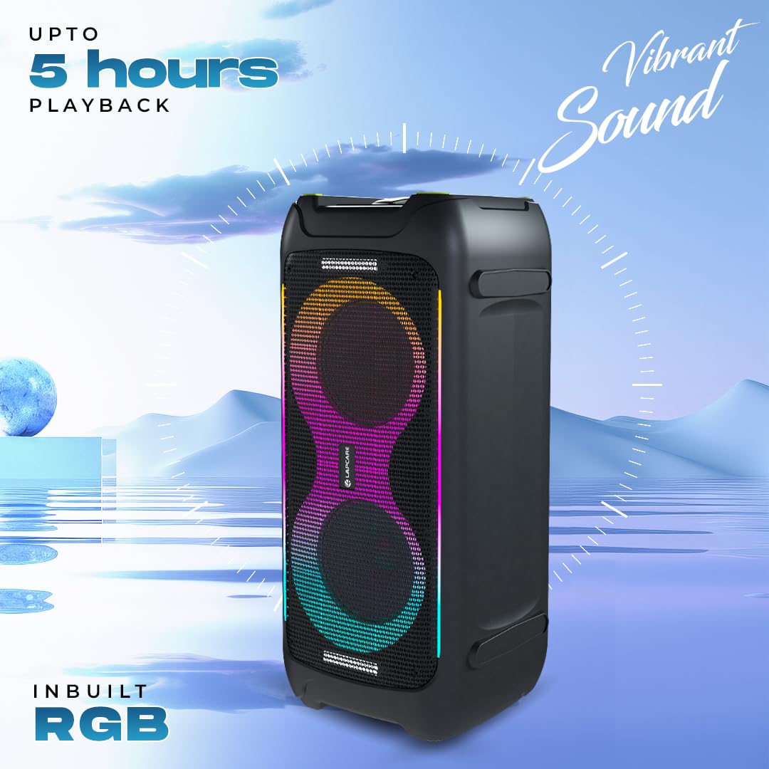 LAPCARE Bloom Wireless Bluetooth Party Speaker, 100W Immersive Pro Sound, Dynamic RGB Light Show, Bass and Treble Control, Type C, Built-in Rechargeable Battery, Splashproof with Wireless Mic (Black)
