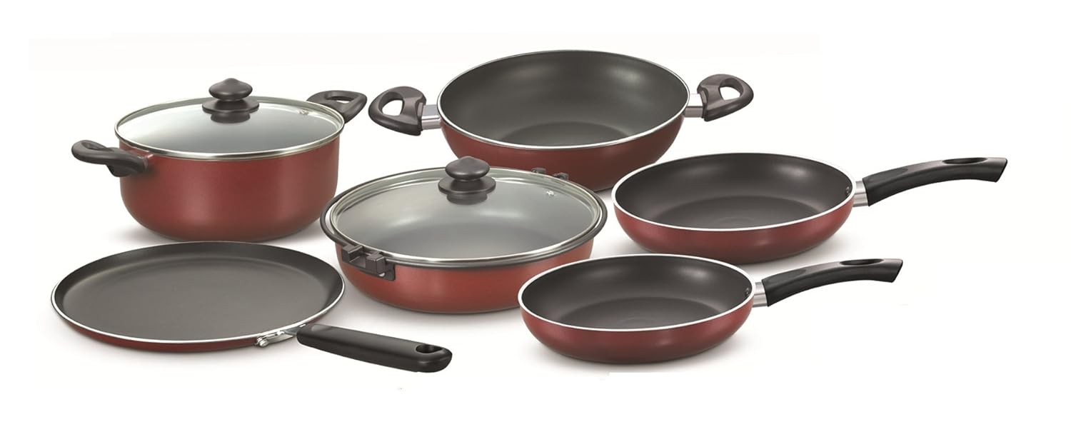 Prestige Omega Deluxe Gas Induction Base Non-Stick Kitchen Set, 6-Pieces, Red