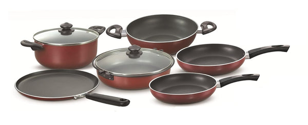 Prestige Omega Deluxe Gas Induction Base Non-Stick Kitchen Set, 6-Pieces, Red