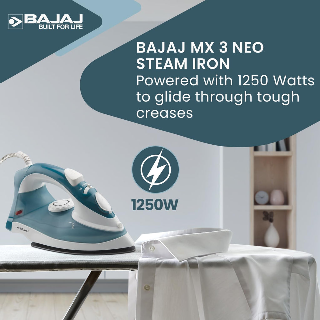Bajaj MX 3 Neo Steam Iron | 1250 Watts Power For Faster Ironing | Vertical & Horizontal Ironing | Spray Function | Anti-Bacterial & Non-Stick Soleplate Coating 【Blue】