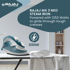 Bajaj MX 3 Neo Steam Iron | 1250 Watts Power For Faster Ironing | Vertical & Horizontal Ironing | Spray Function | Anti-Bacterial & Non-Stick Soleplate Coating 【Blue】